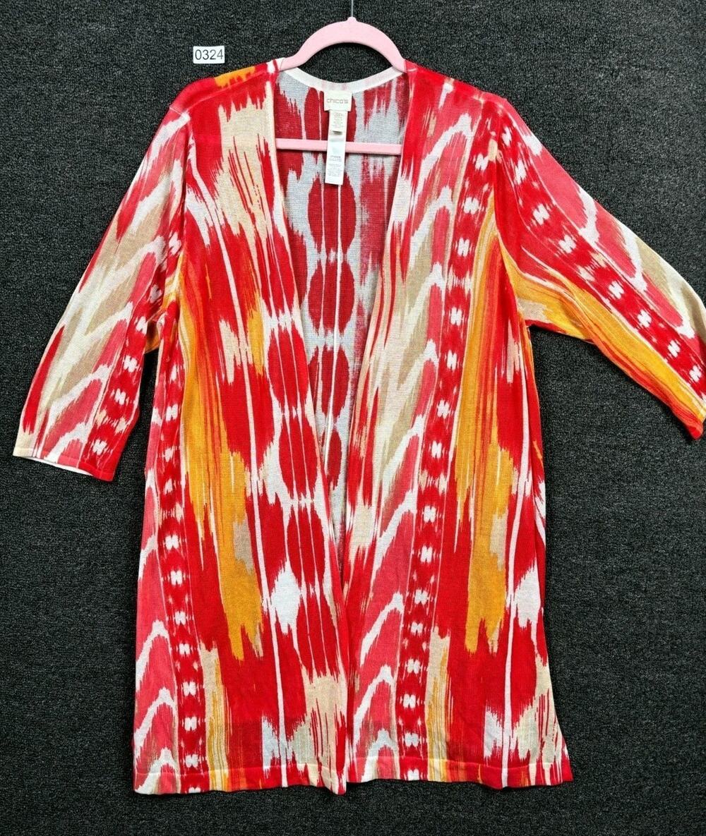 Chico’s Open Cardigan Sweater Cotton Blend Watercolor Lightweight Red Womens XLP
